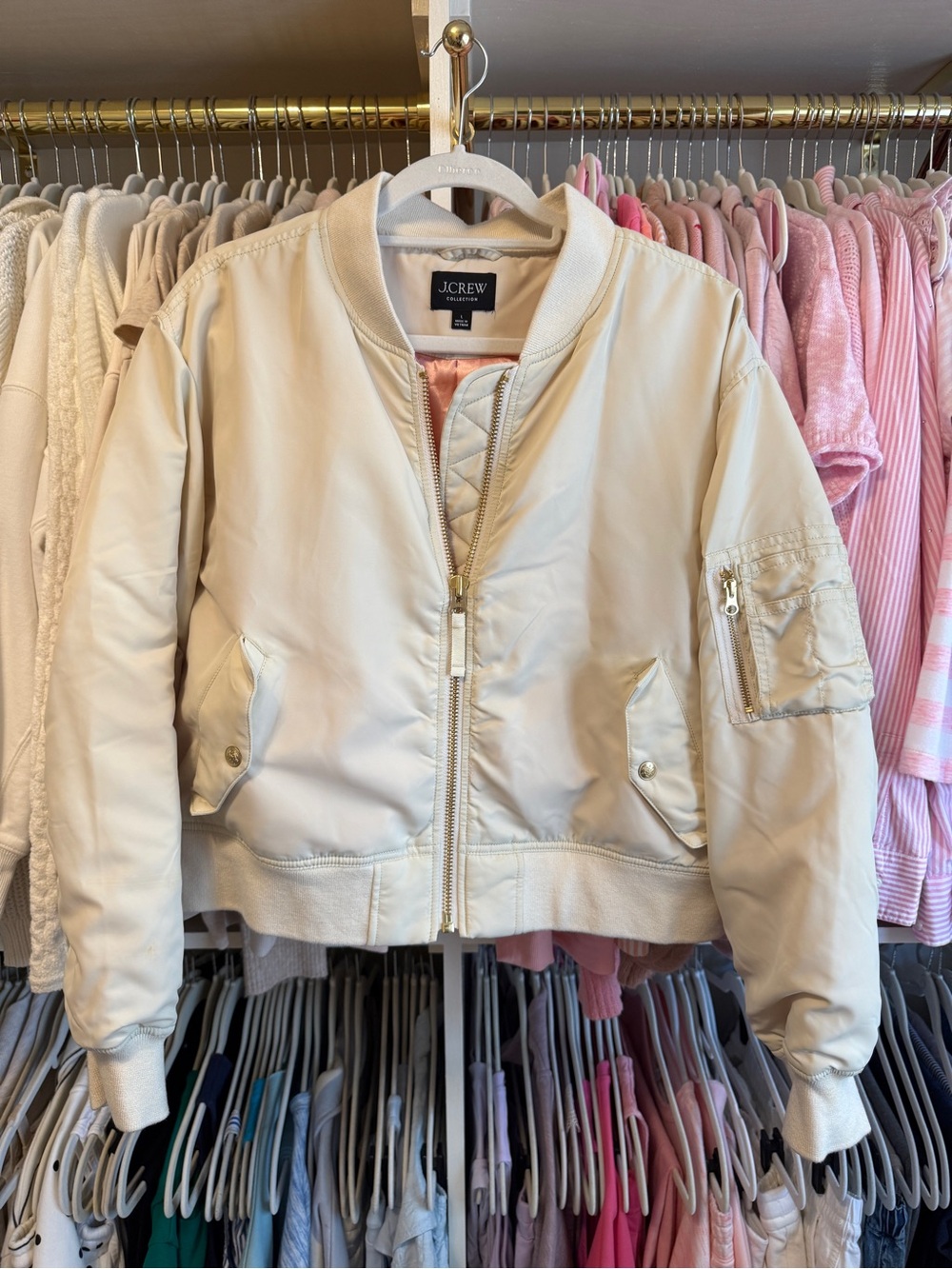 J. Crew Collection Cream Bomber Jacket with Gold Zipper and Pink Lining